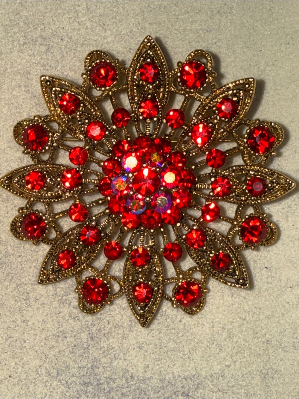 Large Red Rhinestone Floral Brooch Pendant Gold Tone 2.5” Statement